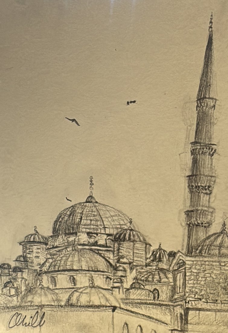 Blue Mosque, charcoal artwork by Annelise Hill
