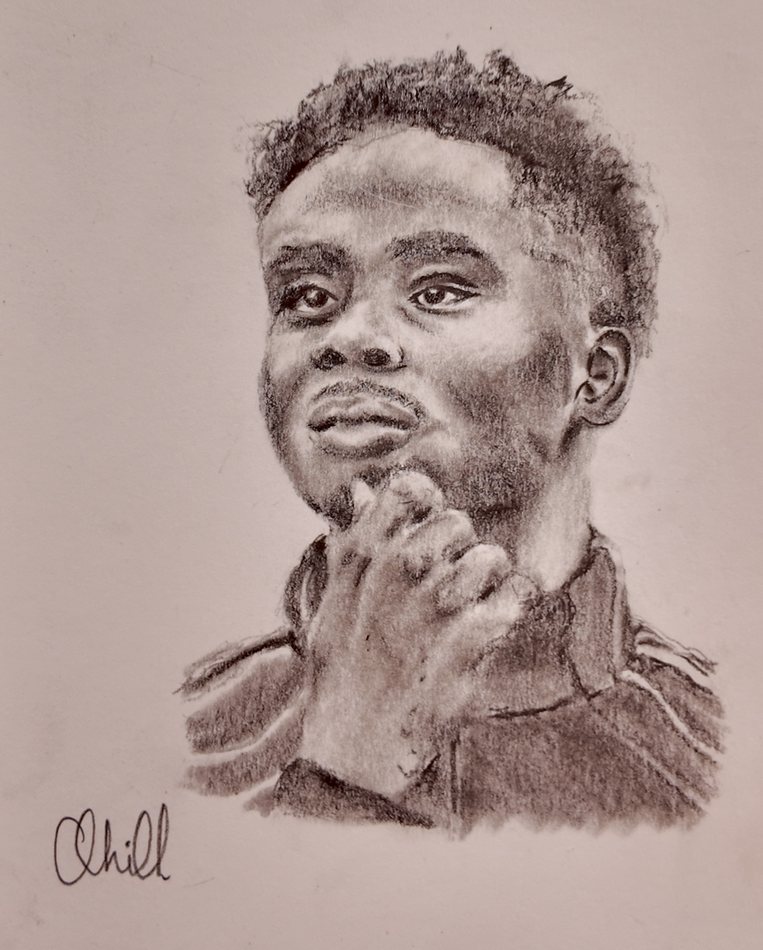 Bukayo Saka, charcoal artwork by Annelise Hill
