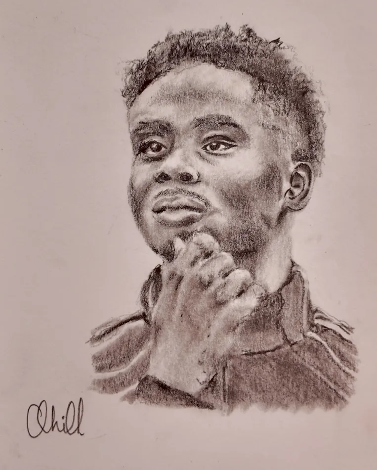 Bukayo Saka, charcoal artwork by Annelise Hill
